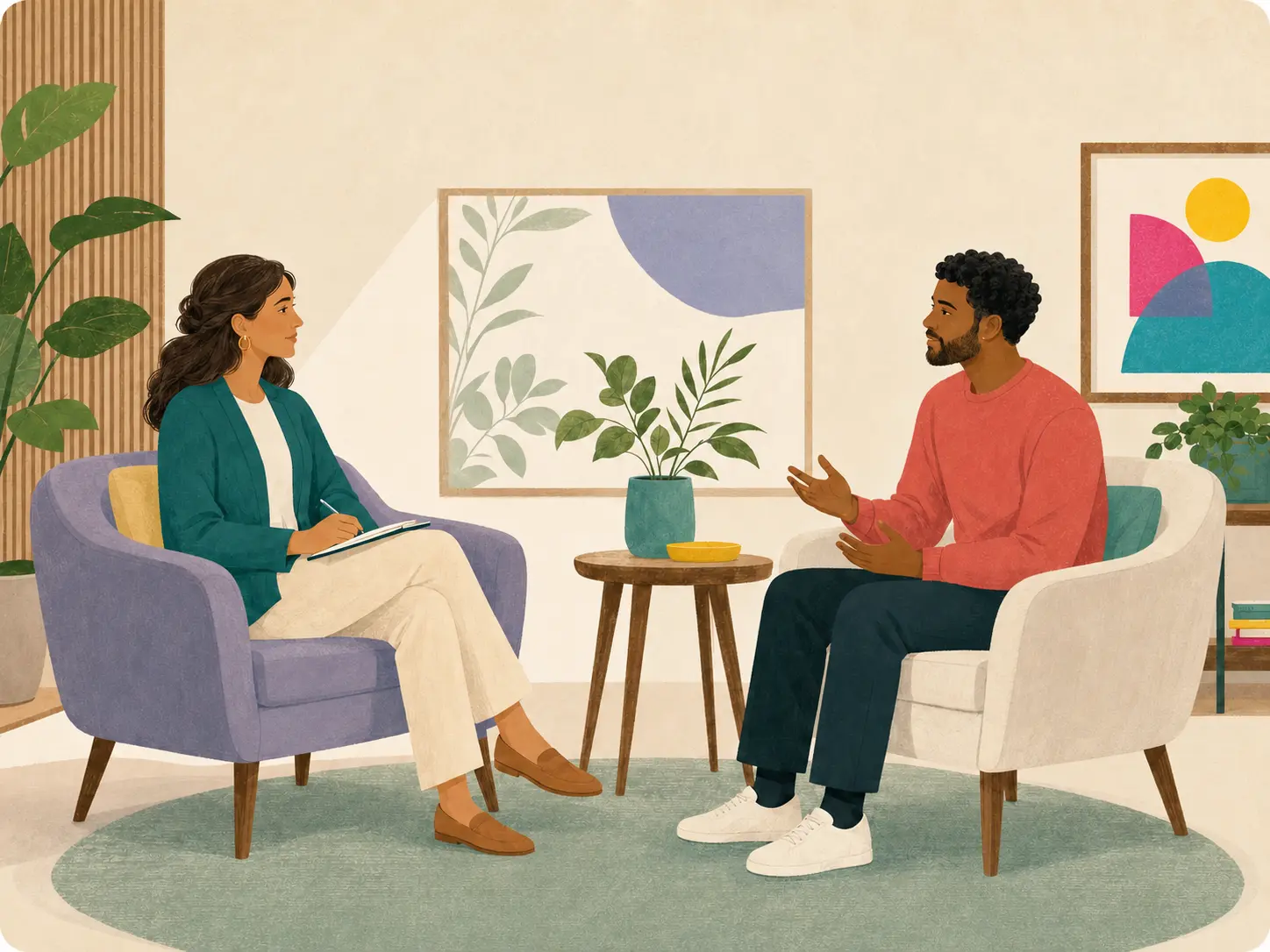 A compassionate behavioral health provider having a supportive conversation with a client.