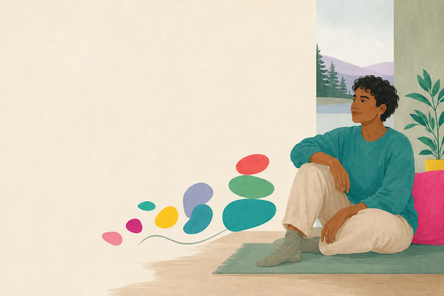 A calm person seated near a Pacific Northwest landscape, with balanced organic shapes nearby.
