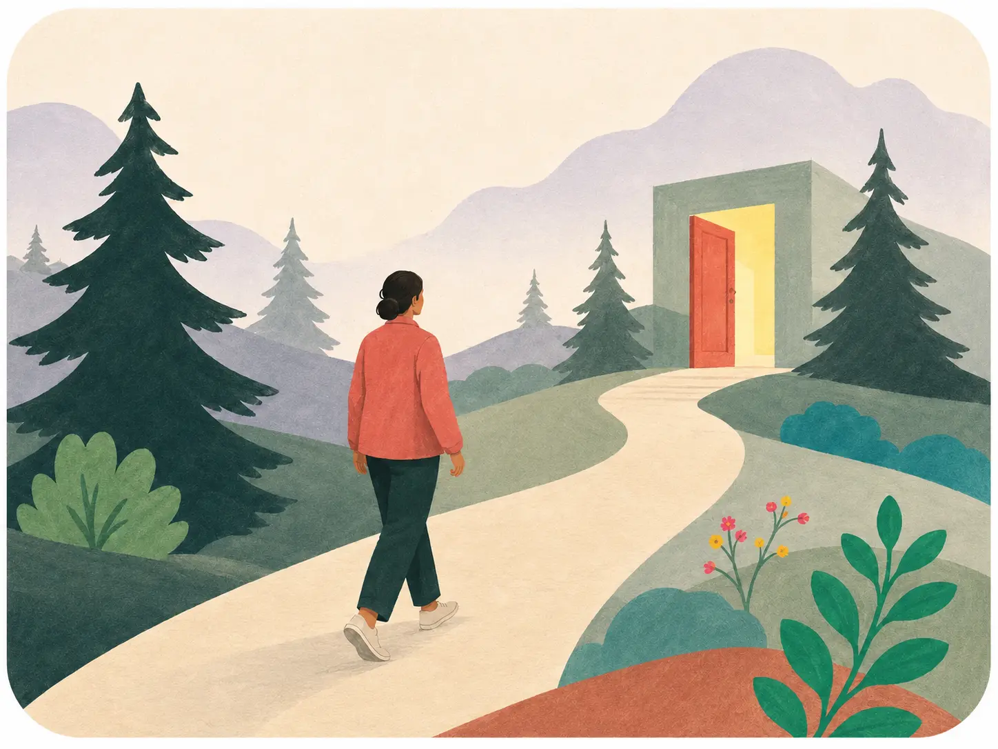 A person following a gentle path toward an open, warmly lit doorway.